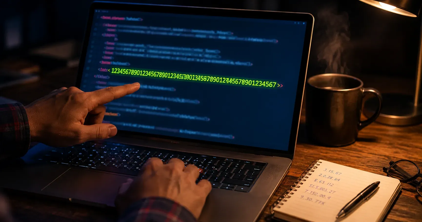 Pantalla de laptop mostrando una secuencia de 49 dígitos numéricos resaltados sobre líneas de código, con manos de un desarrollador escribiendo