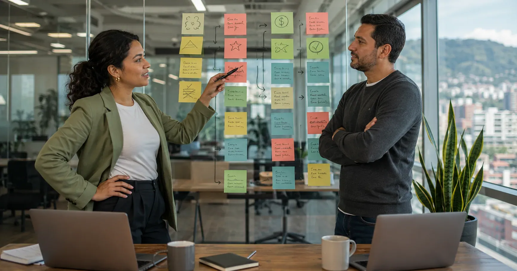 Dos socios discutiendo frente a una pared de vidrio cubierta de post-its de colores con esquemas comparativos en una oficina moderna