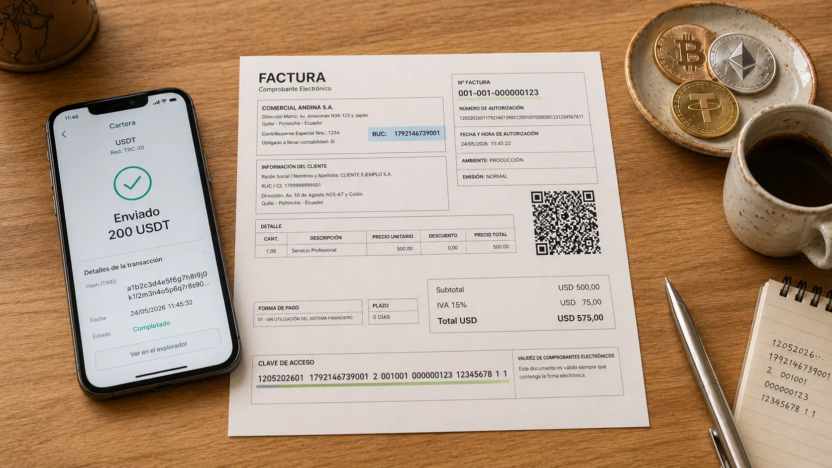 Mostrador de café en Ecuador con un teléfono mostrando una transferencia de USDT en pantalla, una factura electrónica impresa en dólares al lado y monedas físicas con logos de Bitcoin y Ethereum sobre la mesa de madera