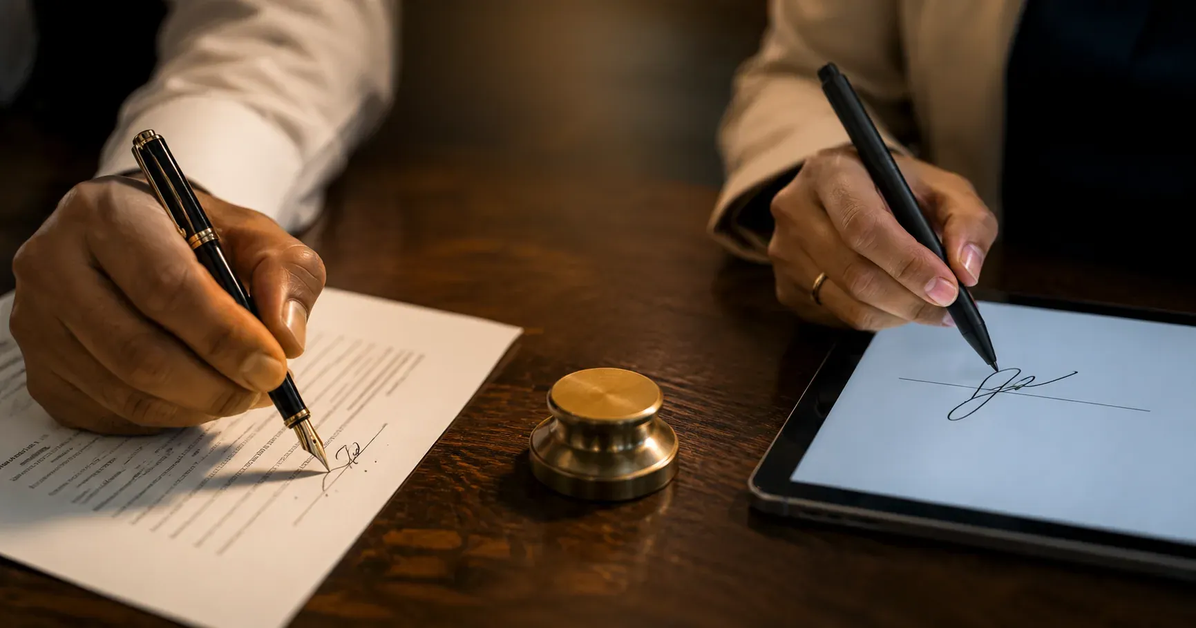 Dos manos firmando lado a lado: una con pluma estilográfica sobre papel, otra con stylus sobre una tablet