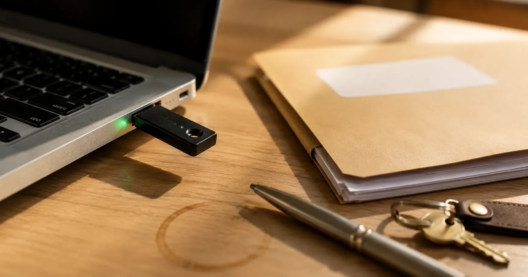 Token USB criptográfico plugado a una laptop junto a un folder de papeles, en un escritorio moderno con luz cálida