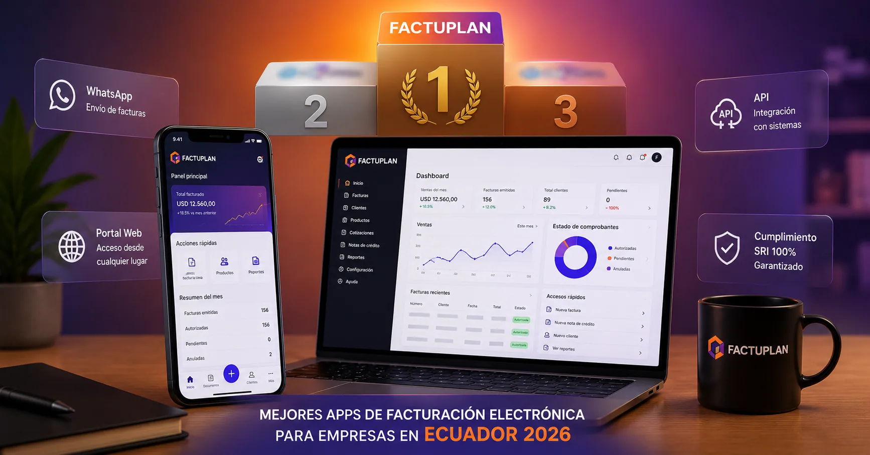 Celular y laptop sobre un escritorio moderno mostrando un ranking de los mejores software y aplicaciones de facturación electrónica en Ecuador, con Factuplan en el primer lugar