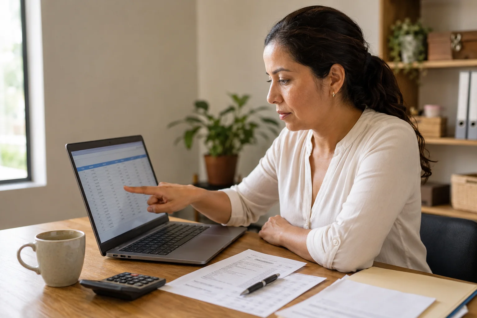 Empresaria latinoamericana revisando una factura electrónica en su laptop, verificando el código de forma de pago del SRI