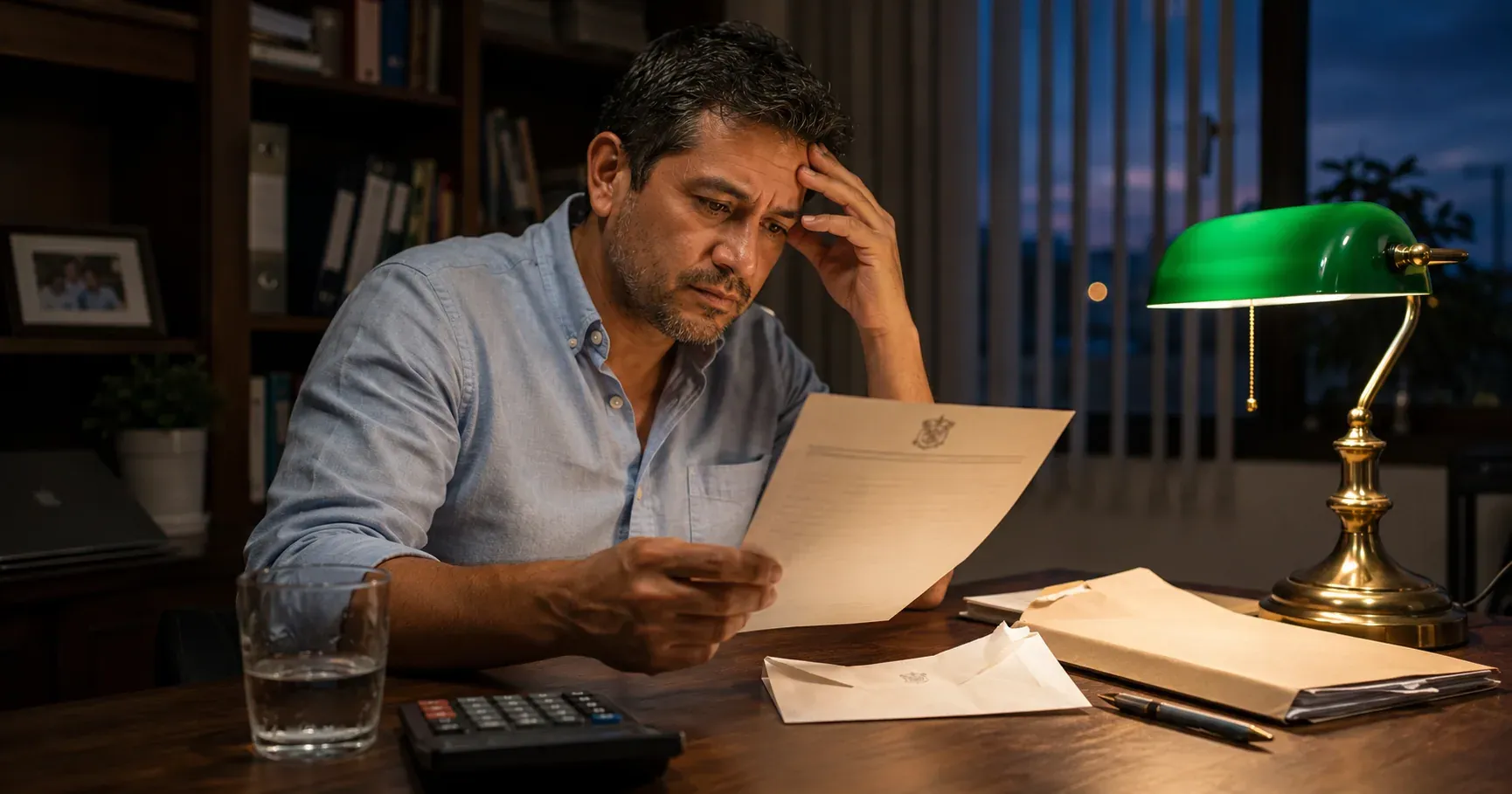 Empresario revisando con preocupación un sobre oficial abierto junto a una calculadora y papeles sobre un escritorio en penumbra