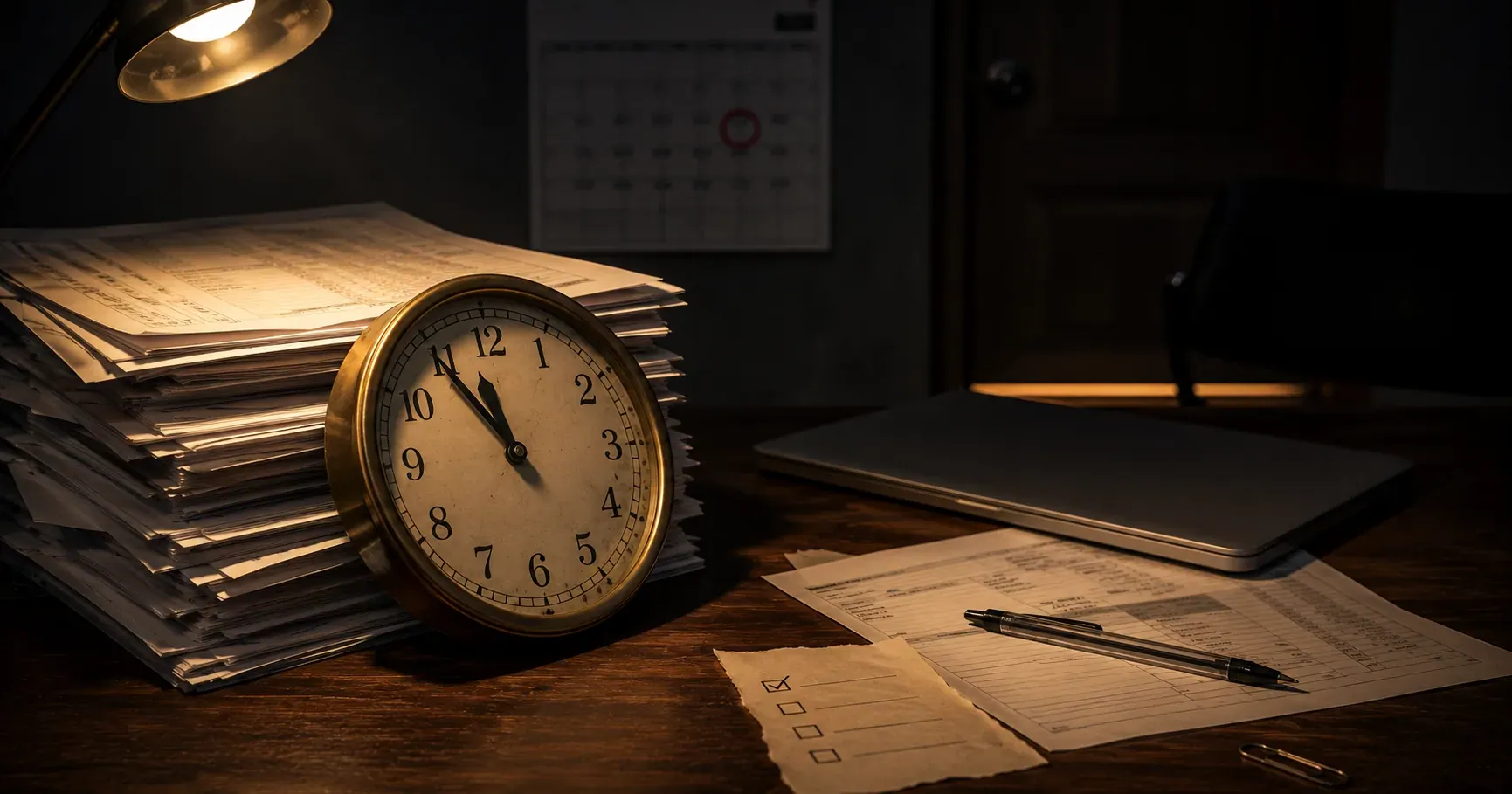 Reloj de pared vintage apoyado contra una pila desordenada de facturas impresas sobre un escritorio de madera con luz de lámpara