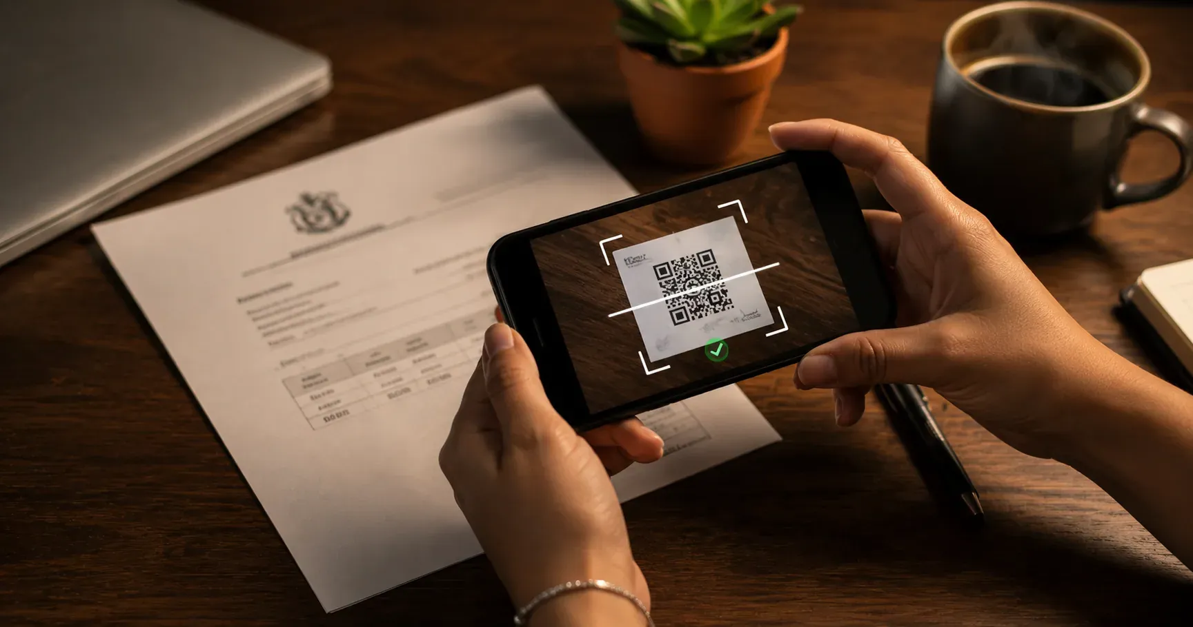 Manos escaneando con un celular un código QR impreso en una factura sobre una mesa de madera con luz cálida de escritorio