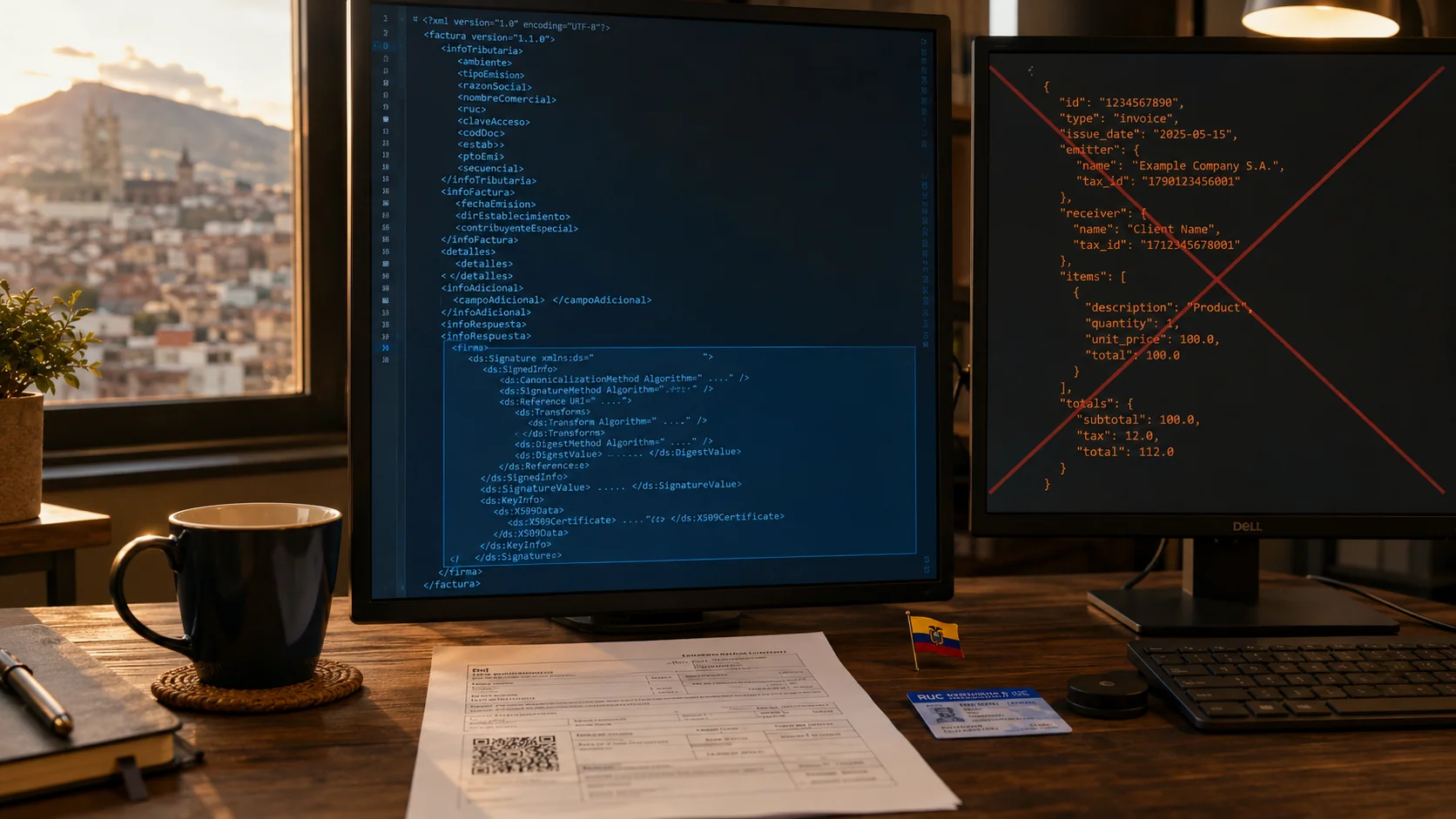 Terminal de Node.js ejecutando un script que emite una factura electrónica autorizada por el SRI Ecuador con la API REST de Factuplan