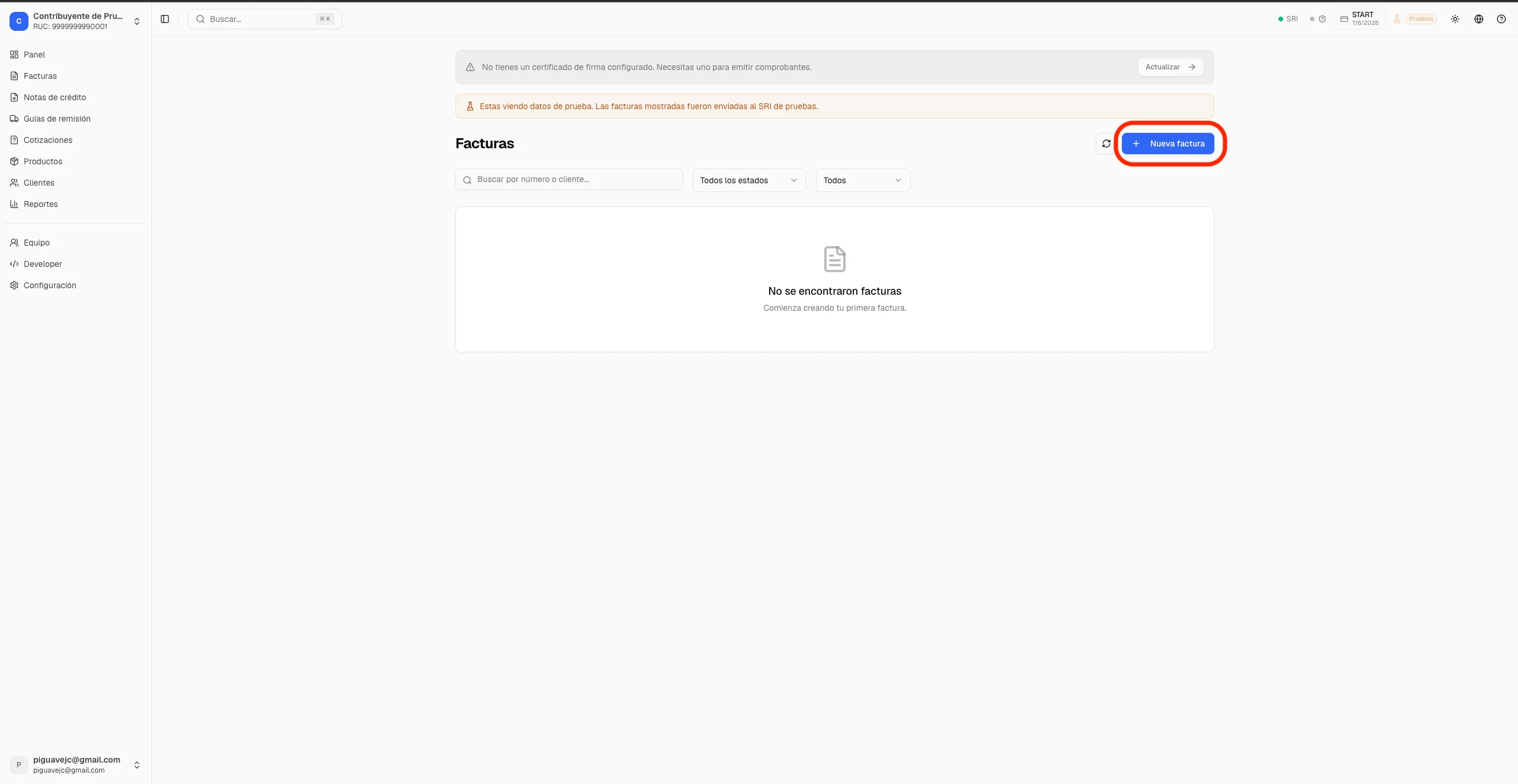 Pantalla principal de Factuplan con el botón 'Nueva factura' resaltado en la parte superior derecha