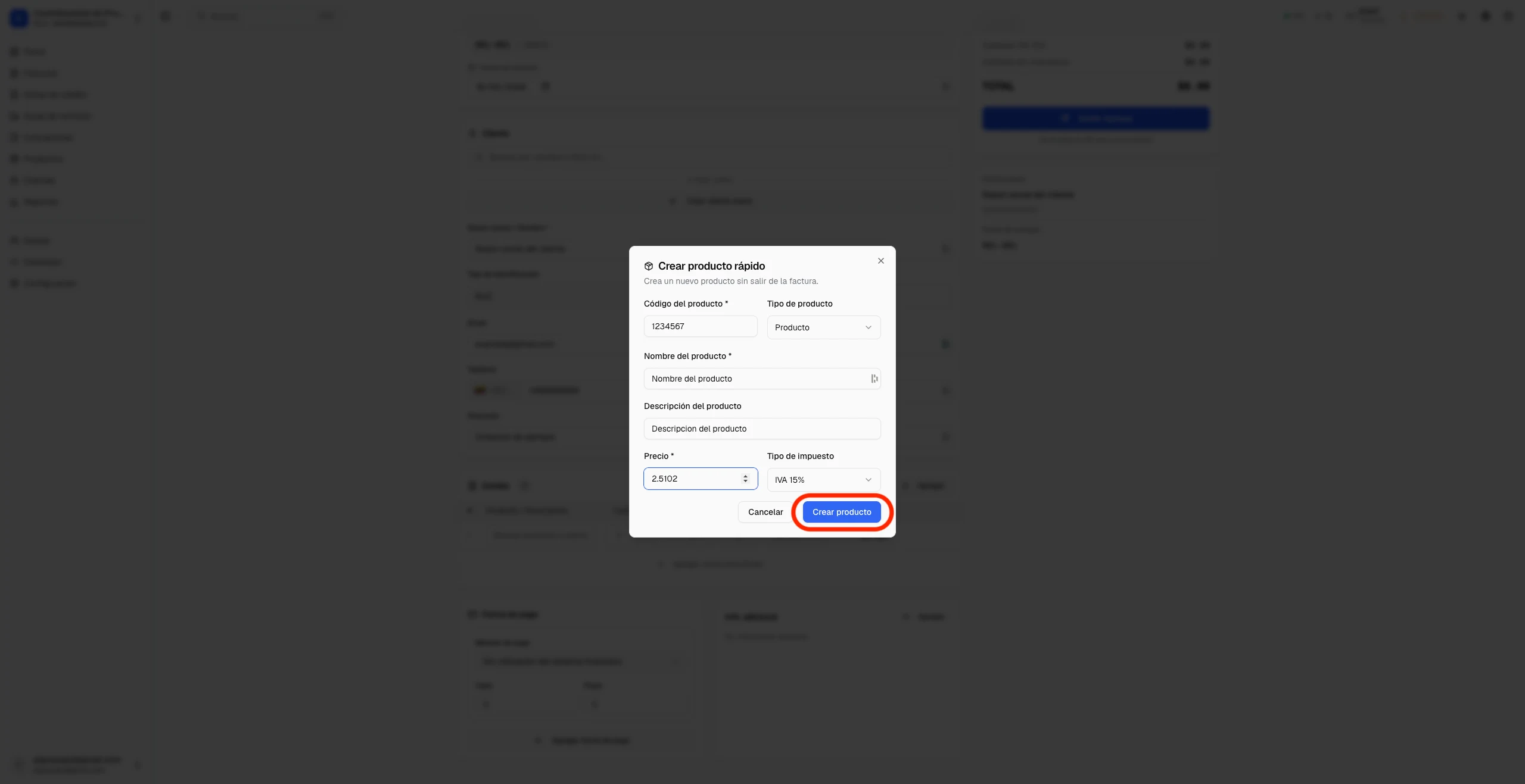Formulario de creación de producto con campos para nombre, código, descripción, precio y tipo de IVA