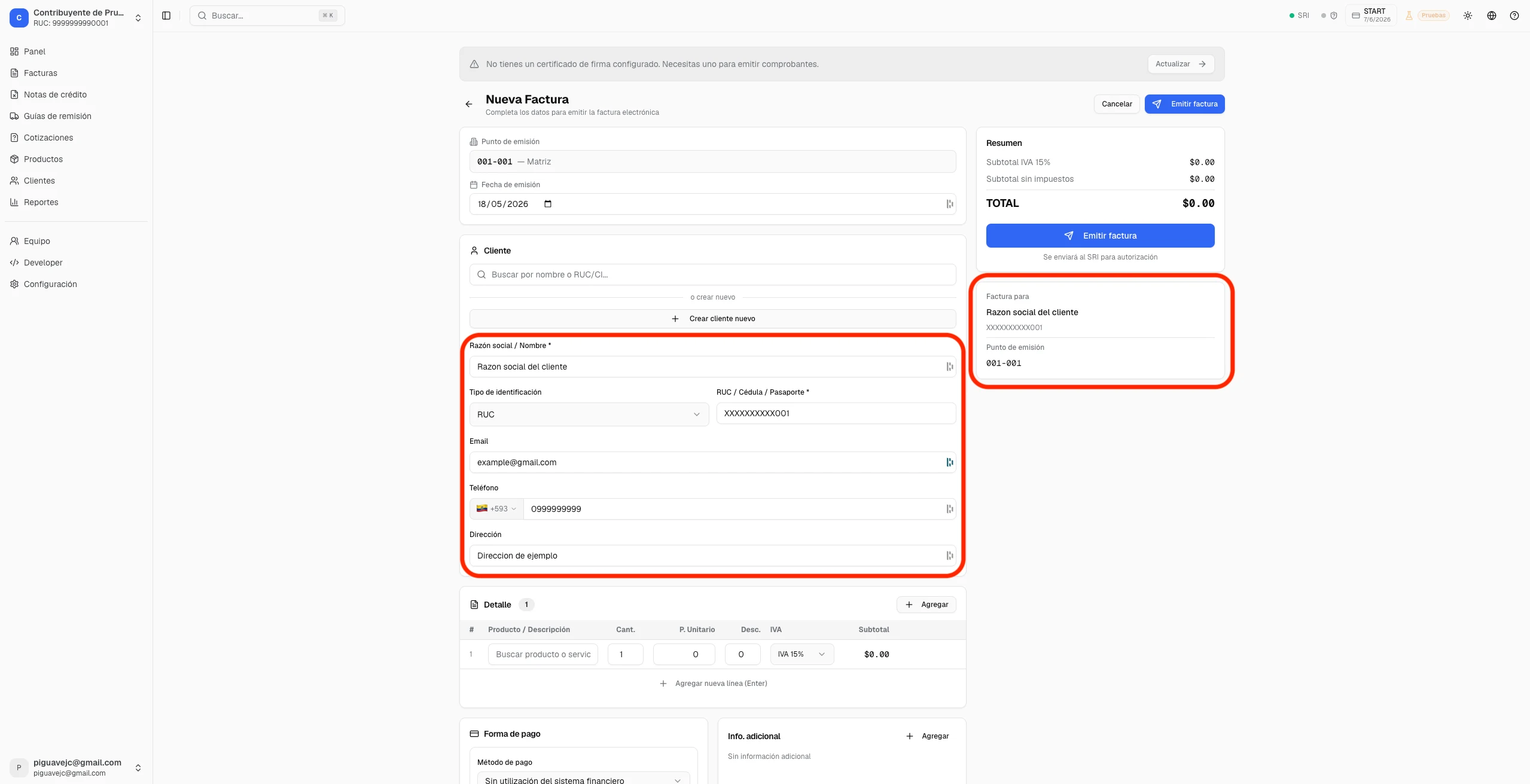 Formulario de creación de cliente nuevo con campos de razón social, identificación, correo, teléfono y dirección