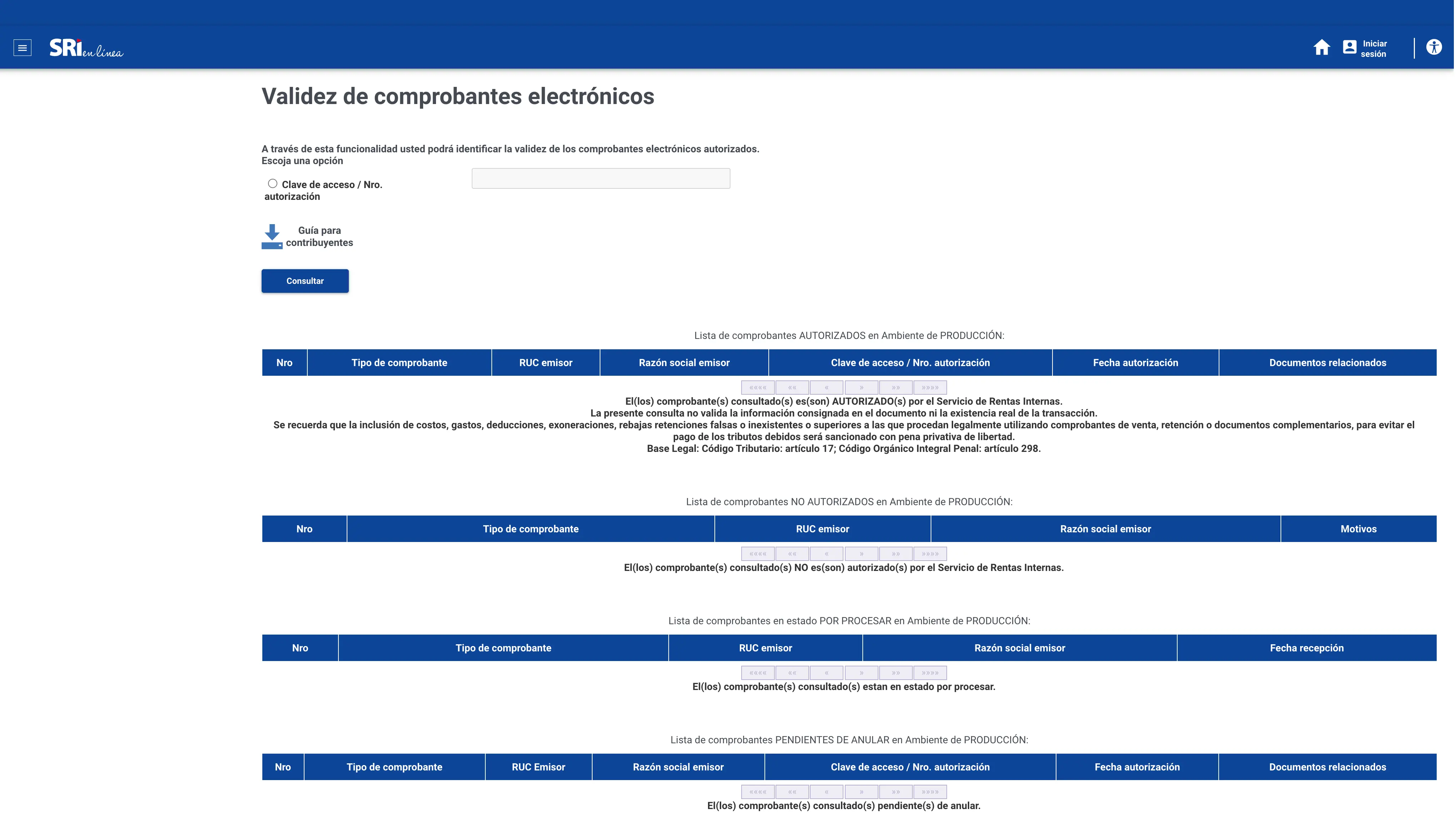 Portal del SRI para verificar la clave de acceso de una factura electrónica: formulario para pegar los 49 dígitos y las cuatro listas de estados (AUTORIZADO, NO AUTORIZADO, POR PROCESAR y PENDIENTE DE ANULAR)